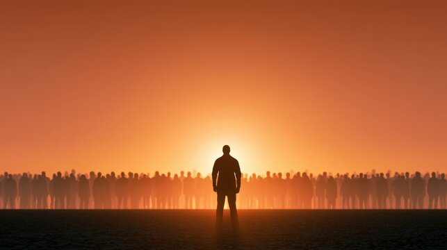 silhouette of a person standing alone facing a crowd of people in the distance during a sunset with orange glowing sky and ground reflection