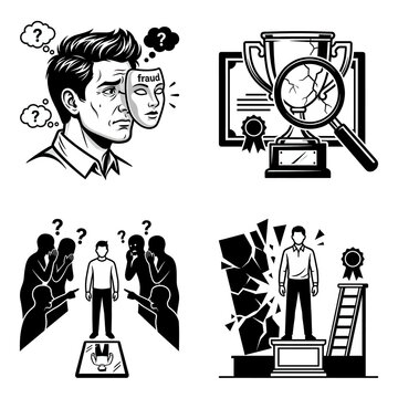 Black and white illustrations depicting self esteem judgment evaluation and success concepts.
