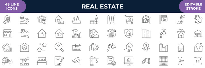Fototapeta premium Real Estate minimal thin line web icon set. Included the icons as realty, property, mortgage, home loan and etc. Outline icons collection. vector illustration.