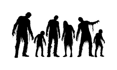 Silhouette group of zombie figures standing together in eerie black and white composition