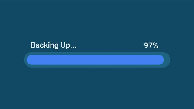 Animated motion graphics showing a blue progress bar backing up to 97 percent over a transparent alpha channel background. Represents server cloud duplication, file archives, or system storage data pr