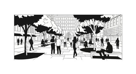 Obraz premium Black and white vector illustration of a busy city plaza featuring pedestrians walking, sitting on benches, and trees next to multi-story buildings in a minimalist line art style.