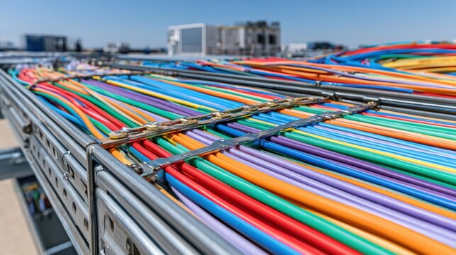 Detailed close-up of colorful electrical wires organized in metal cable trays on rooftop under clear blue sky, showcasing modern infrastructure and technology