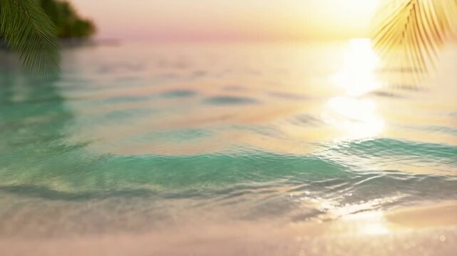 Tropical ocean waves gently rolling onto a sandy beach at sunset with golden sunlight glow