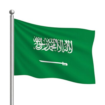 A green flag with white Arabic calligraphy and a sword