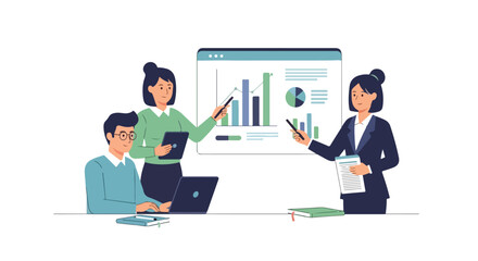 Fototapeta premium Three professionals are collaborating in an office, discussing data visualizations and charts displayed on a large digital screen.