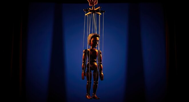 Marionette puppet on strings in darkness.