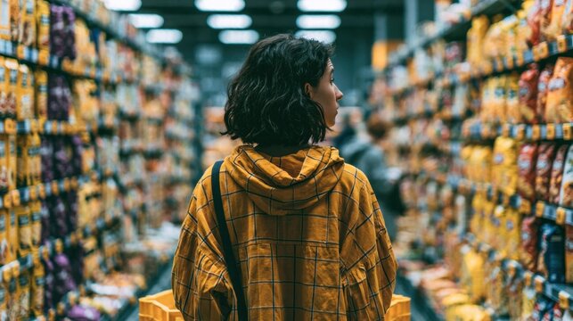 Woman shopping in grocery store aisle filled with snack bags focusing on choices and purchase decision in bright indoor environment