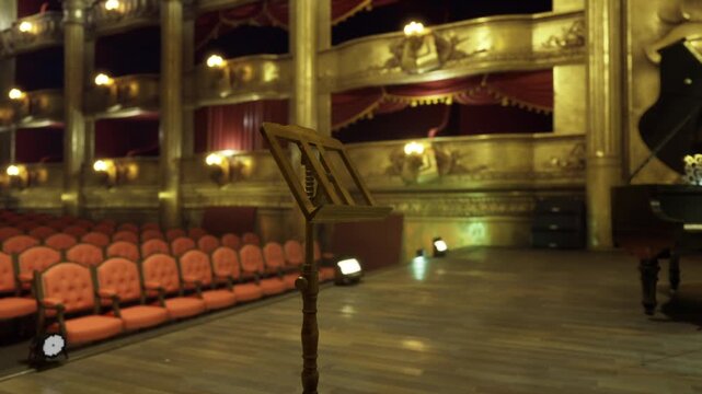 Empty ornate theater stage with music stand and grand piano, red velvet seats and gilded balconies under warm spotlights, polished wooden floor reflecting
