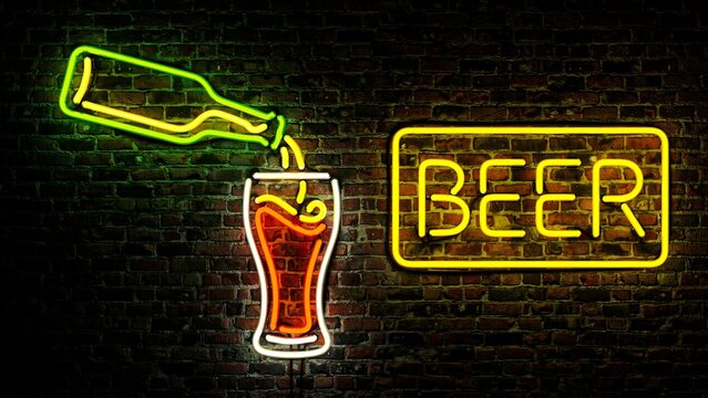 Neon beer sign with pouring bottle and glass on dark brick wall