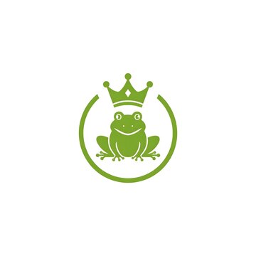 A green frog wearing a crown sits within a circular outline