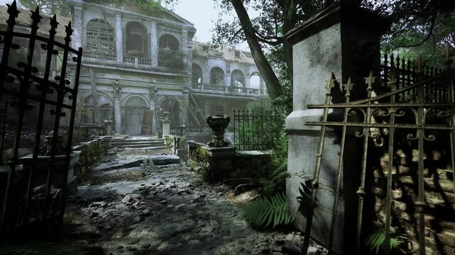 Sunlit Bulgarian gate and stone courtyard framed by ornate balustrades, warm light pooling on cracked paving perfect backdrop for photographer or heritage
