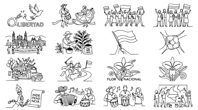 Ecuadorian Independence Day Celebration Line Art Icons