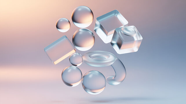 Shiny transparent glass or plastic objects floating in mid-air with soft lighting reflections on surface and background colors blending pastel shades smoothly