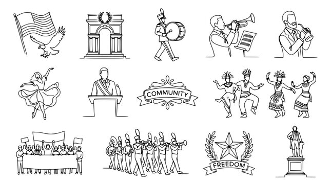 American Celebration Icons: Parade, Dance, Freedom, Community, USA Symbols