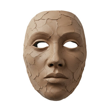 Cracked earth mask a detailed, textured face with empty eyes isolated on white background