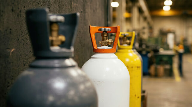 Industrial gas cylinders displayed with pressure valves in manufacturing warehouse, essential for energy storage and chemical supply.