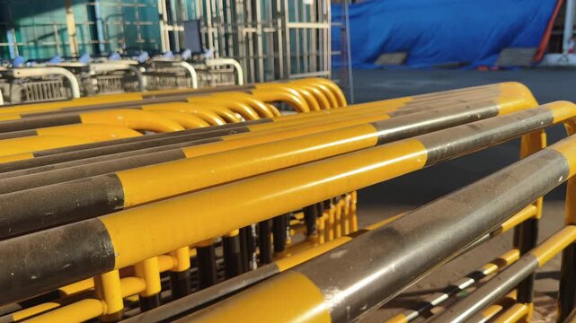 Yellow Crowd Control Barrier Close up stacked in an outdoor commercial area
