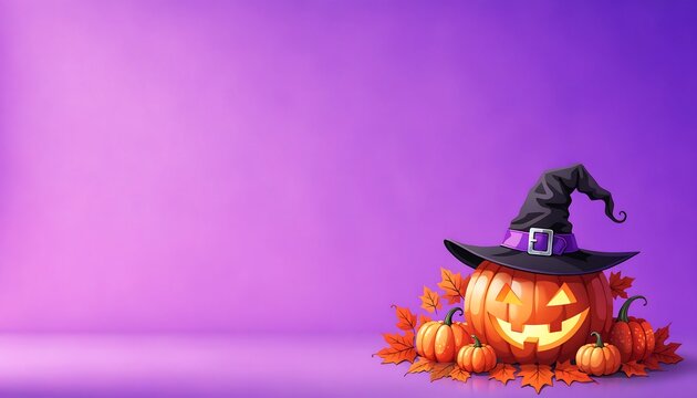 Halloween Pumpkin with Witch Hat on Purple Banner