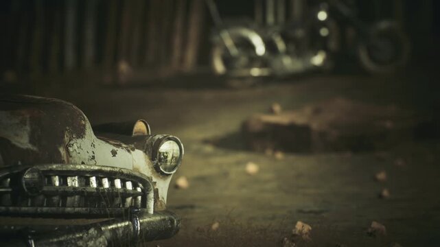 Closeup rusted car grill in foreground, foreground focus on corroded chrome teeth, flaking paint and dented bumper, shallow depth of field revealing blurred