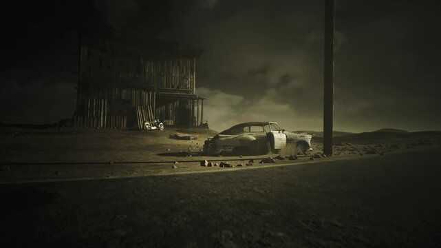 Daylight wrecked car near structure, scattered parts on ground, tall utility pole, distant hills, dusty air, muted palette, industrial ruin vibe.