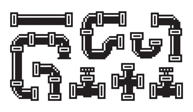 Pixel art pipe connector set for game design with various shapes in flat black silhouette.