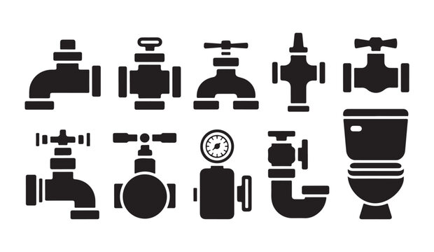 Set of plumbing icons including faucets, valves, pumps and toilet, vector illustration.