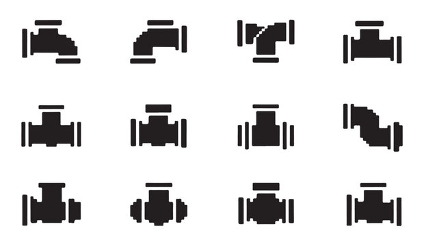Solid black icon set of industrial pipe connectors and plumbing valve hardware components.