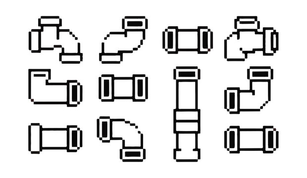 Set of industrial pixel art pipes and connections, water valve, vector illustration.