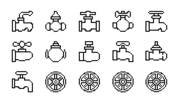 Industrial pipeline and water valve pixel art icon set, vector illustration.