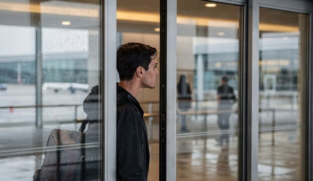 A traveler is standing near the expansive glass doors of the airport, gazing longingly outside at the overcast sky as they patiently await their upcoming flight on this cloudy day
