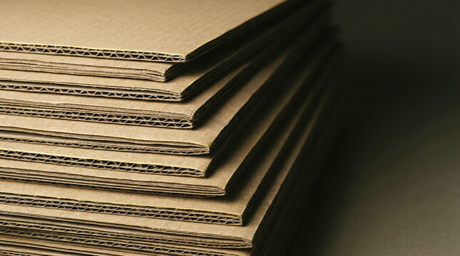 Cardboard sheets stacked with visible corrugation texture, industrial material for packaging, shipping, and recycling concept.