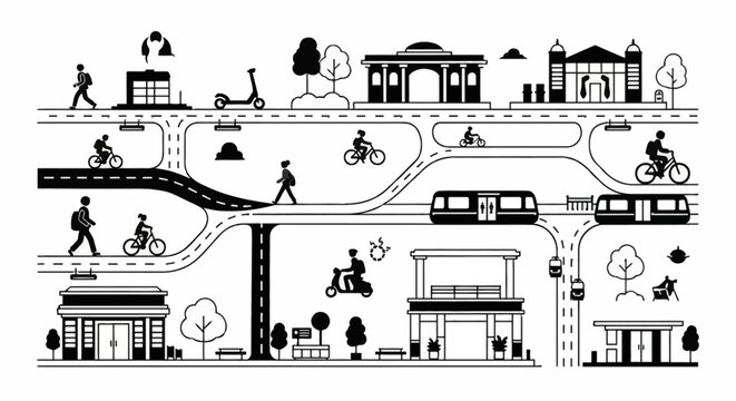 Minimalist vector illustration of a sustainable urban transportation system featuring pedestrians, cyclists, electric scooters, and public trains moving through a modern city grid.
