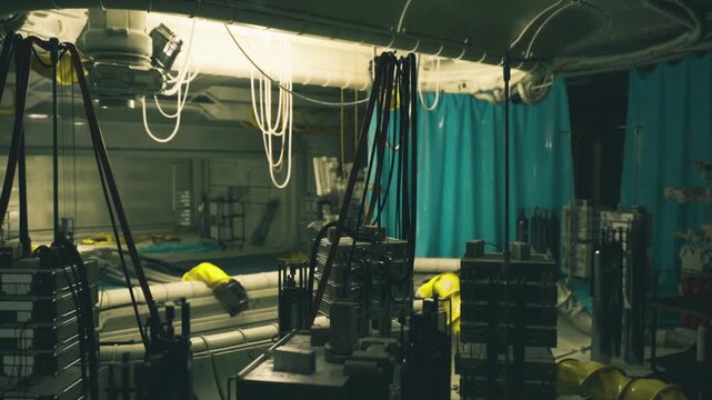 Compact medical bay on space station with suspended monitors, patient stowage racks, hanging cables, clinical lighting, diagnostic cart, sterilized surfaces,