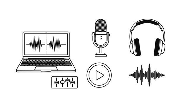 Modern minimalist flat design icons with audio and technology elements, concept for digital media, web design, education, and multimedia applications