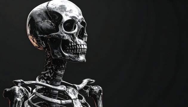 A grayscale skeleton facing right against a black background