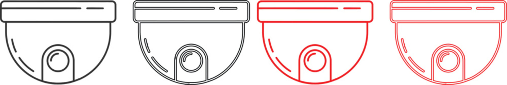 Set of modern dome security camera icons in black and red outline style for surveillance and safety monitoring