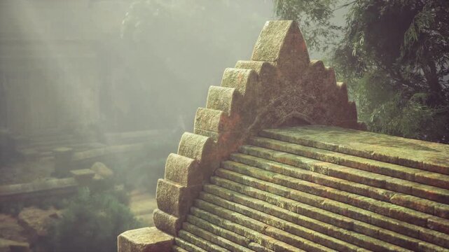 Dappled stone stair and curved parapet, tile rows cast soft shadows, moss threads through joints, intimate close view evokes craft, age, and contemplative