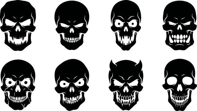 Skull Collection SVG Bundle with Evil Skull Faces, Horror Skull Silhouettes, Gothic Clipart for Cricut, Laser Cutting, Stickers, T Shirts, Halloween, and Tattoo Designs