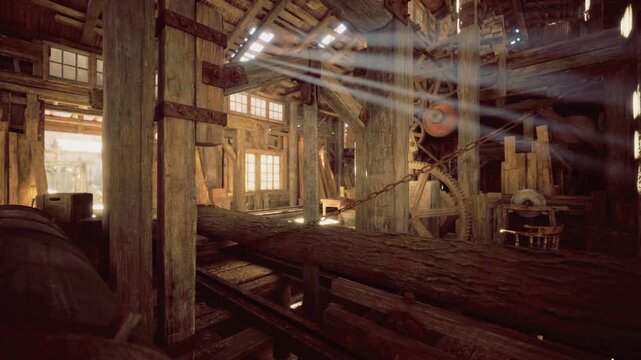 Namibia mill interior with light rays, dramatic sun shafts illuminating wooden benches and vintage pulleys, dust motes visible in warm beams, evocative study