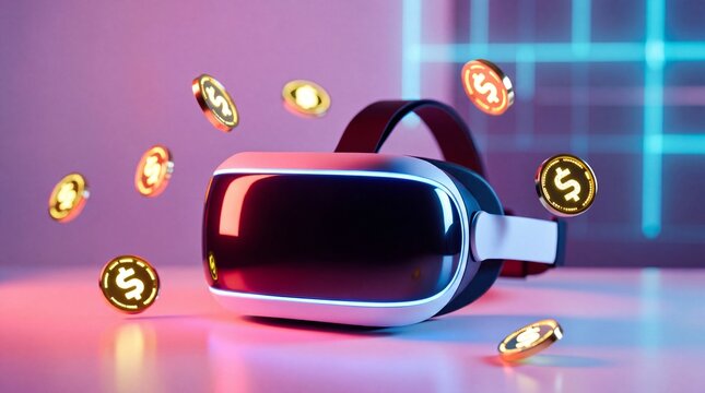 Virtual reality VR glasses with floating golden dollar coins, digital commerce and making money in metaverse concept