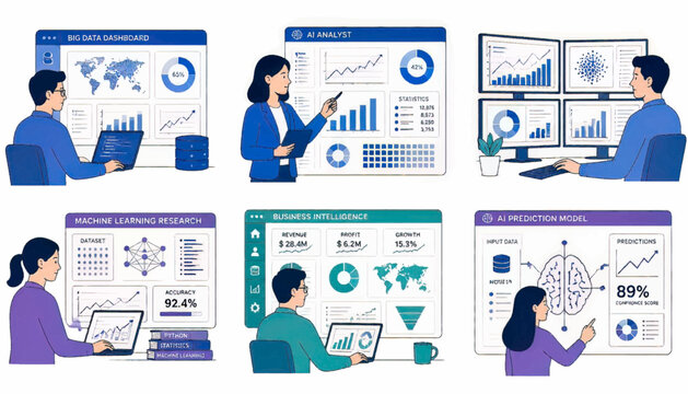 Business consultant presenting digital strategy with charts and analytics interface. Professional illustration for management, planning, technology presentation, and corporate communication