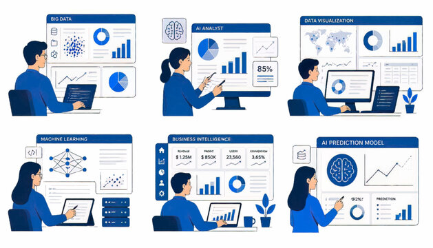 Business intelligence dashboard showing performance metrics and company analytics. Professional illustration for corporate reporting, financial analysis, strategy planning, and decision making