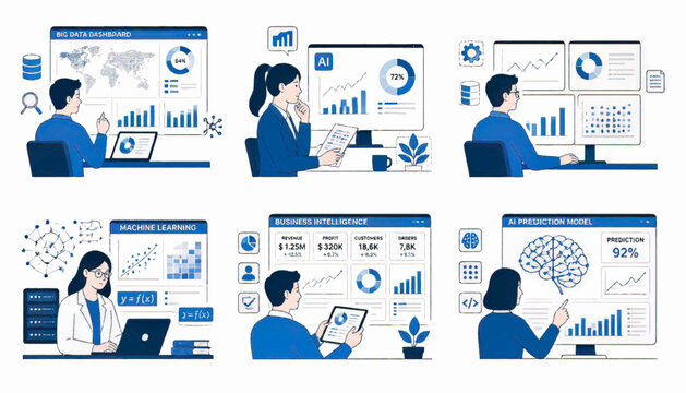 Modern AI dashboard displaying business analytics and digital insights. Professional illustration for artificial intelligence, company performance tracking, data management, and technology