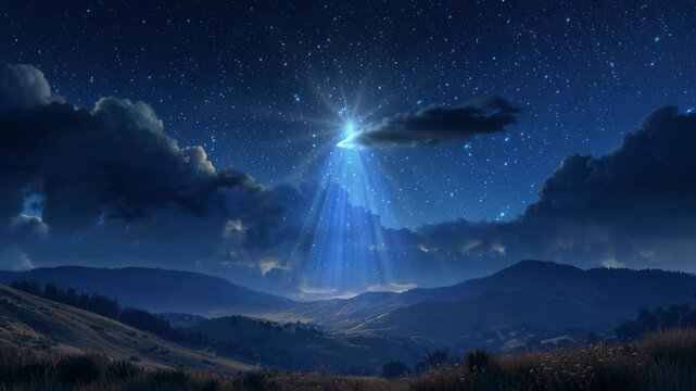 Star of Bethlehem shining over dark night hills with divine light rays.