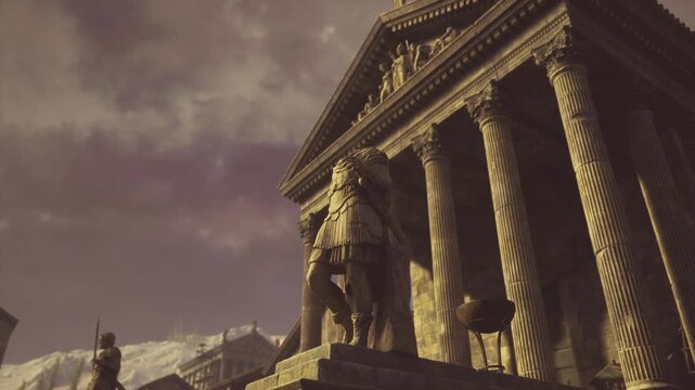 Warm Carthage entrance closeup at sunset, bronze statue detail with patina, fluted columns in golden light, textured stone, cinematic sepia tone