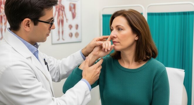 Doctor examining patient's nose in a medical examination room.