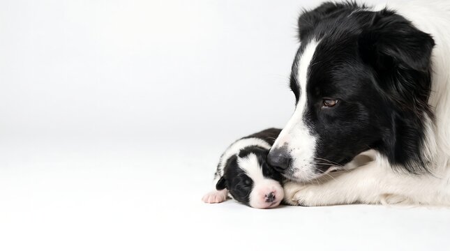Beautiful border collie mother dog lying down and gently caring for her tiny newborn puppy against a white background.