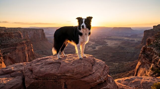 Proud border collie dog standing on top of a red sandstone rock formation in a vast canyon at sunset.