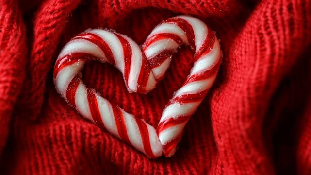 Hands arrange candy canes in heart shape against red fabric backdrop
